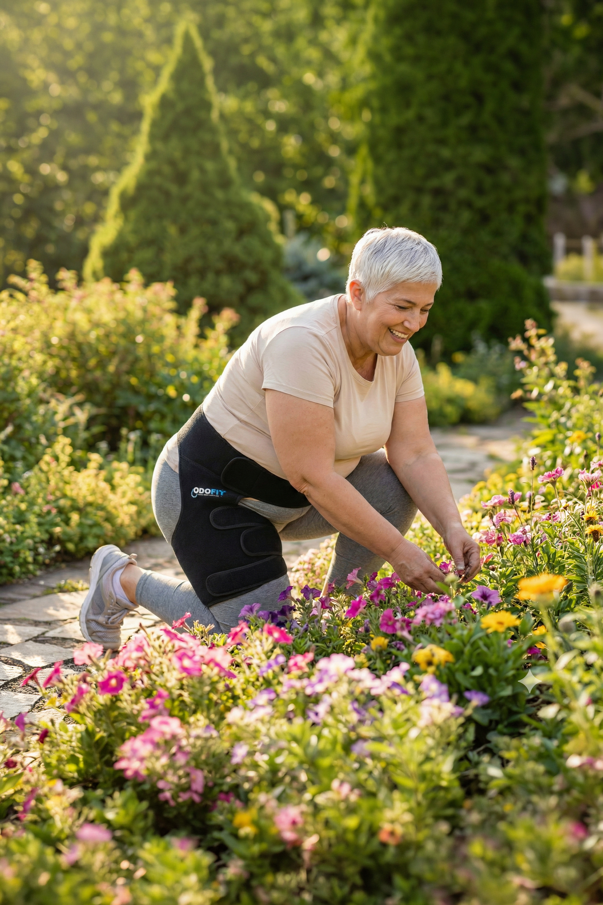 Woman gardening while wearing ODOFIT hip brace