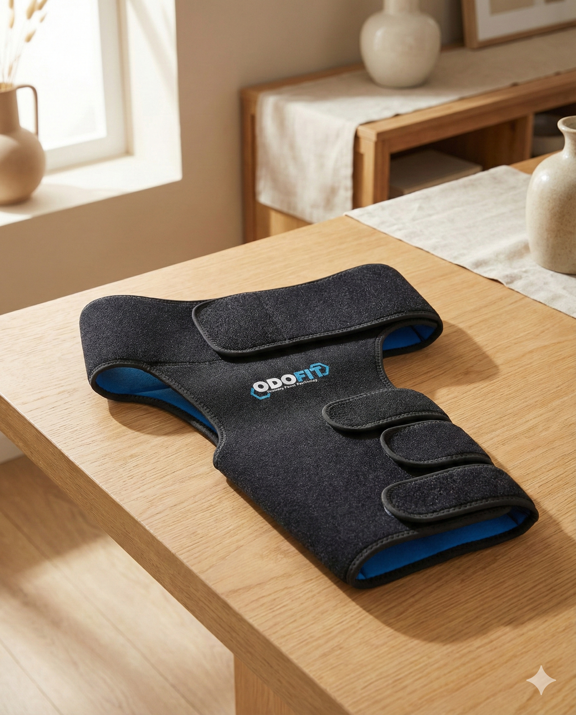 ODOFIT hip brace laid flat on a wooden table